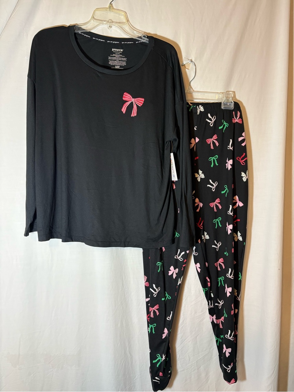 Women’s Black Bow-Print Pajama Set - Cute Pink & Green Bows